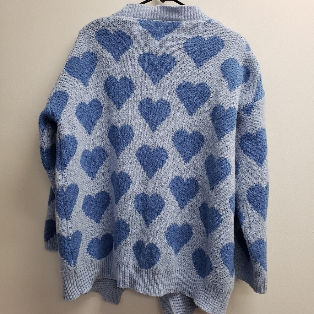 Shein Womens Hearts Blue Cardigan Sweater Knit Size Small - Picture 2 of 6